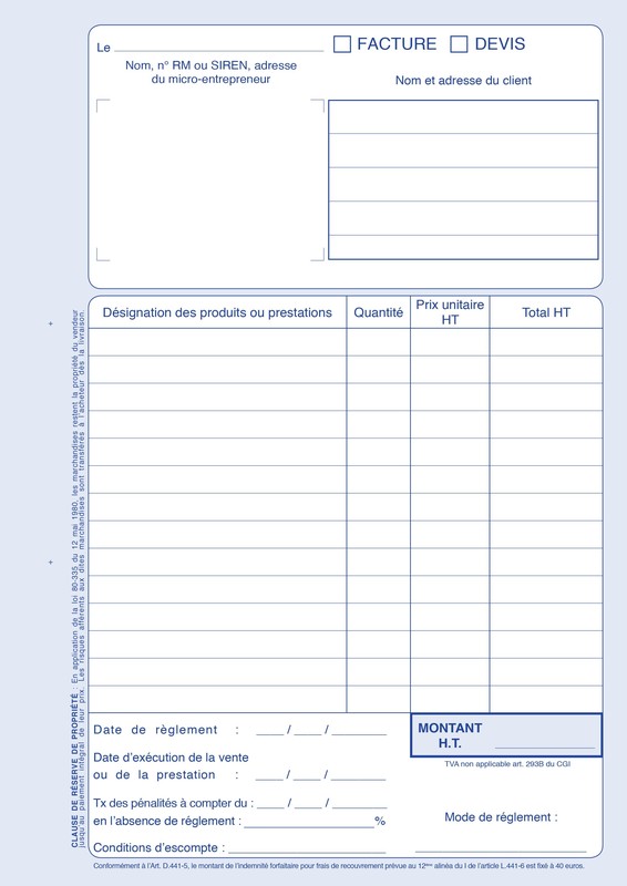 Auto-entrepreneur - Carnet de 50 devis et/ou factures autocopiantes