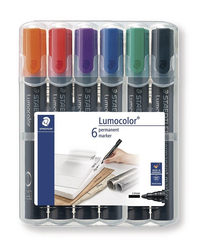 Marqueur permanent Staedtler Lumocolor en étui de 6 couleurs assorties à  Lyon - Papeterie Gouchon