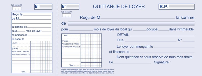 Carnet de quittances pour locataire format chéquier (talon + quittance) à  Lyon - Papeterie Gouchon