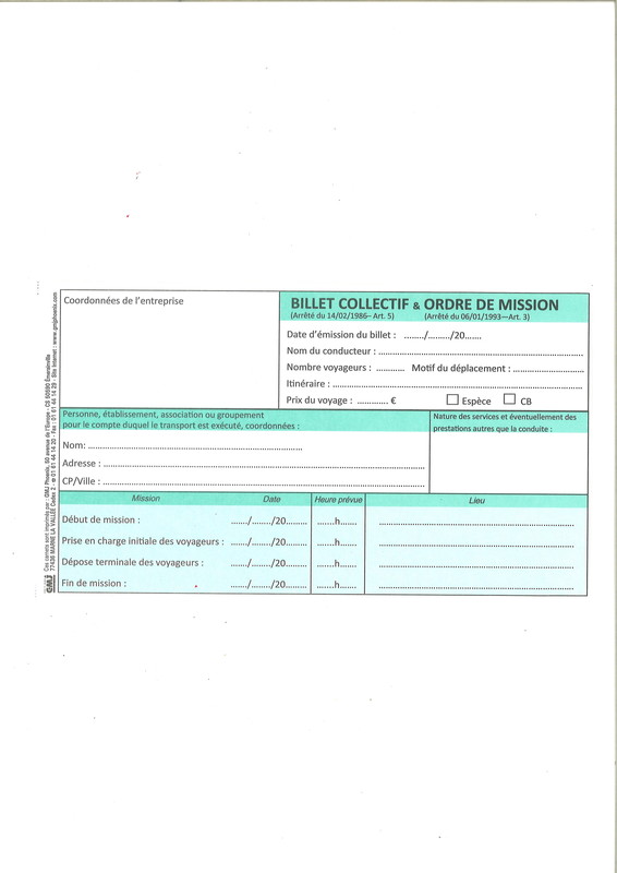 Billet collectif et Ordre de mission pour transport de personnes en