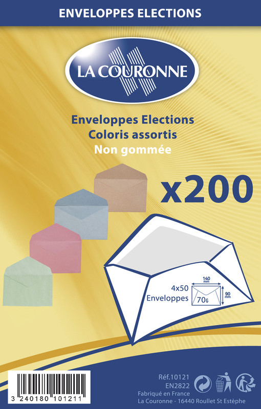 PAQUET DE 200 ENVELOPPES ELECTION 90x140MM COULEURS ASSORTIES