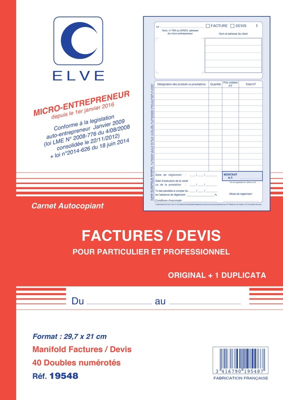 Auto-entrepreneur - Carnet de 50 devis et/ou factures autocopiantes