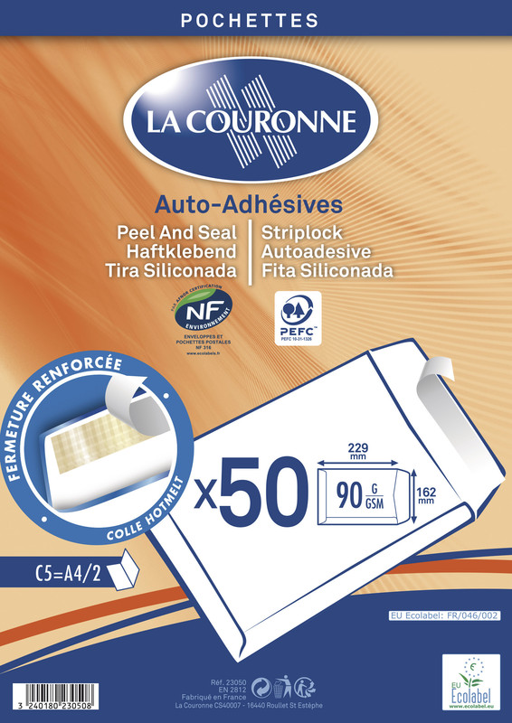 Pack de 50 Enveloppes blanches pour format A5 - 23 x 16 cm - La Couronne à  Lyon - Papeterie Gouchon