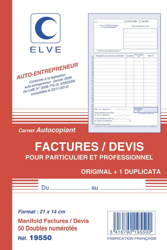 Auto-entrepreneur - Carnet de 50 devis et/ou factures autocopiantes