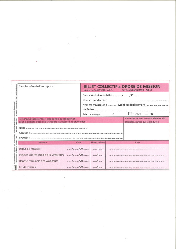 Billet collectif et Ordre de mission pour transport de personnes en